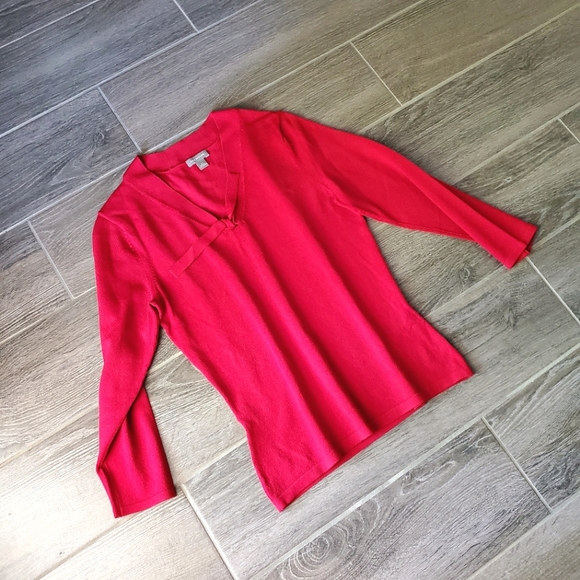 Ann Taylor Red Quarter Sleeve Tie Neck Top - Size XS - Picture 2 of 7